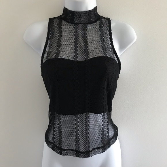 Dynamite Lace Sheer Choker Mock Neck Black Sleeveless Top with Camisole Tube Top - Picture 9 of 16